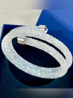 NIB Swarovski Crystaldust Cuff Bracelet Double Bangle Cluster Clear White Silver